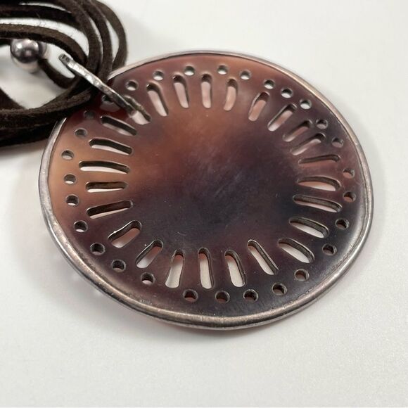 Retired Silpada brown suede silver beaded necklace with carved pen shell pendant - Picture 8 of 9